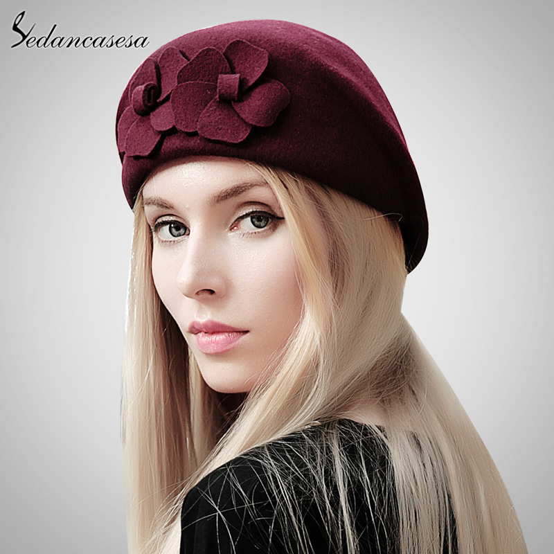 

Sedancasesa New Design Australian Wool Beret Caps Hot Women Fashion Creative French Beret Beanie with Dandmade Flower FW118001, Black 57cm