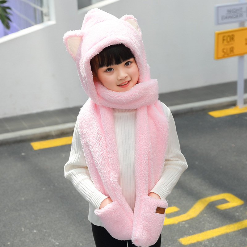 

Multifunction Parent-Child Velvet Hat Scarf Gloves Set Autumn Winter Girls Kids Adult Pink Black Grey Hooded Scarves, Black-kid