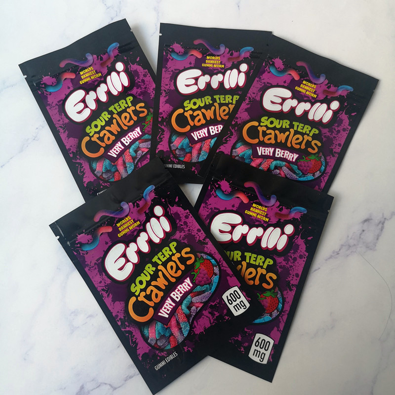 

New Arrival 600mg Errlli Sour Terp Crawlers Maylar bag Dankest Gummi Worm mylar bags Smell proof Very Berry Packaging bags