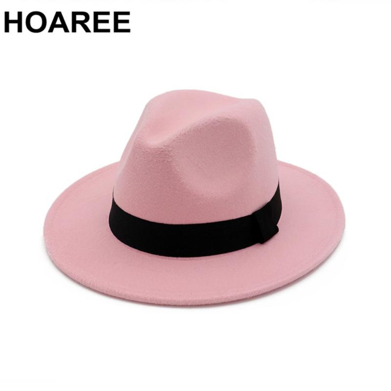 

HOAREE Pink Fedora Hat Vintage Panama Hat Women Wool Trilby Jazz Ladies Wide Brim Chapeau Female Autumn Winter Felt, Pink hat