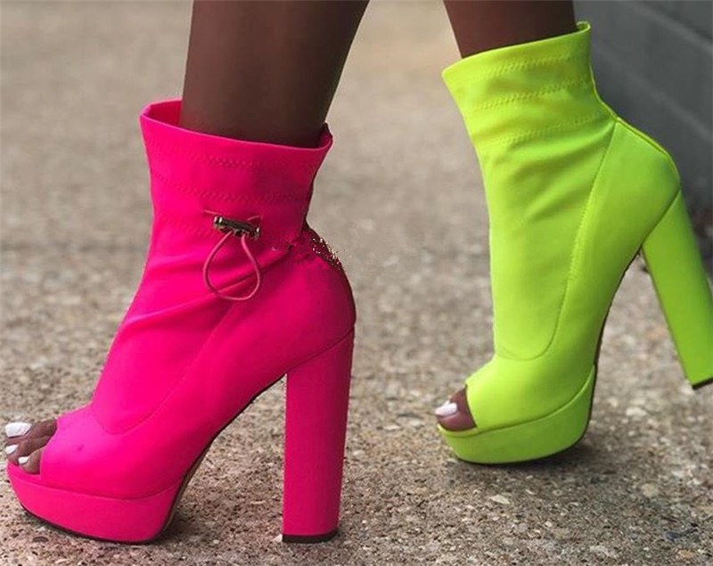 

Women Fashoin Peep Toe High Platform Chunky Heel Short Boots Rose Red Bandage Thick High Heel Ankle Booties Dress Shoes, Black