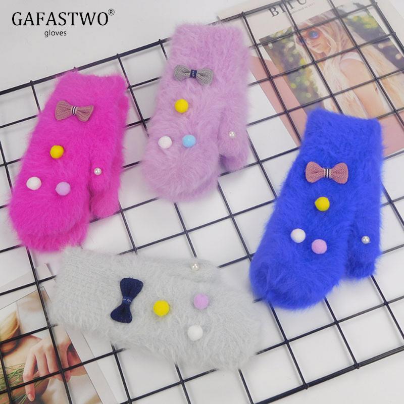 

Fashion New Winter Warm Fur Gloves Female Cartoon Hair Ball Bow Fashion Cute Gloves