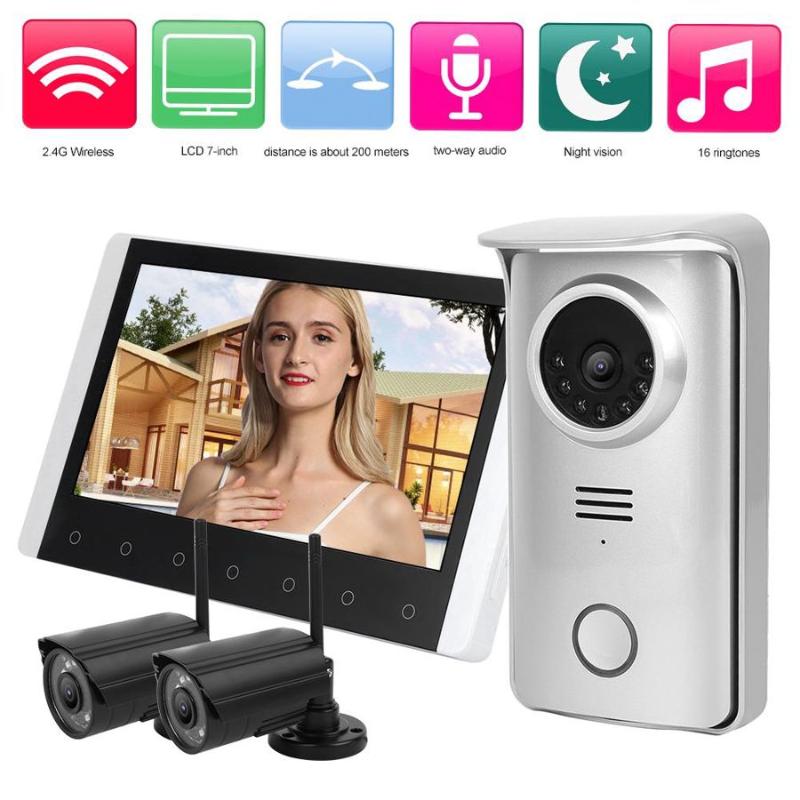

door bell camera 100-240V 7in TFT LCD 2.4G Wireless Visual Doorbell Night Vision Intercom Security Video Door Phone with 2 Cam