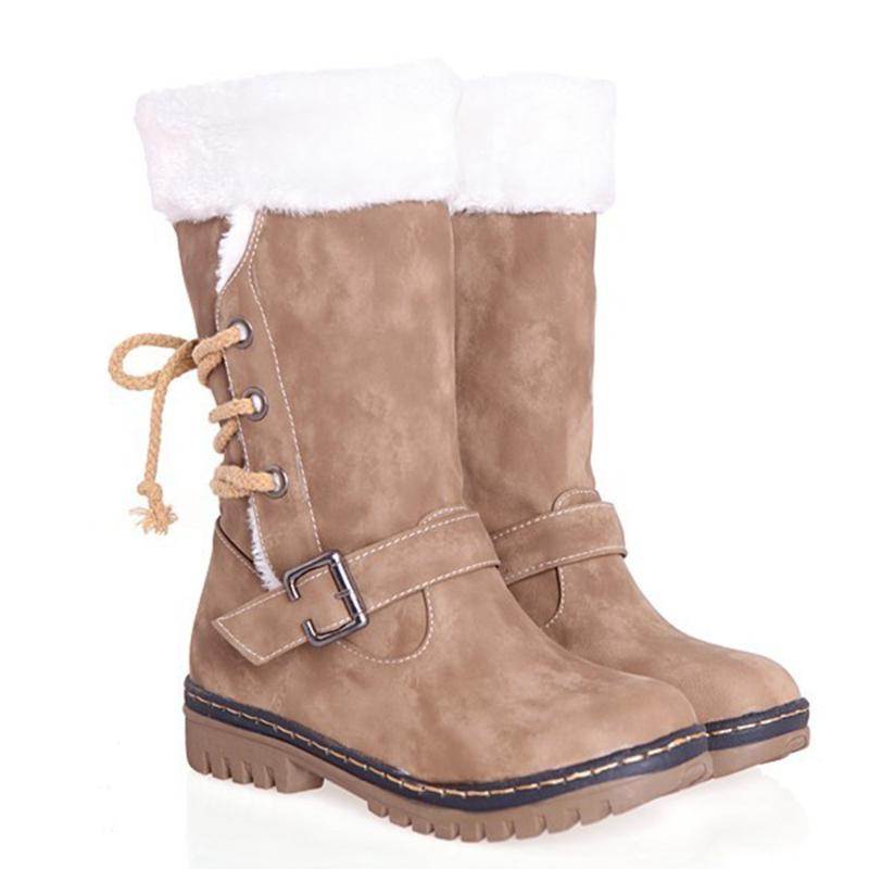 

Women Flat Snow Boots Winter Female Furry Lined Snow Boots Short Plush Lace Up Solid Faux Suede Warm Low Heels Booties D20, Khaki