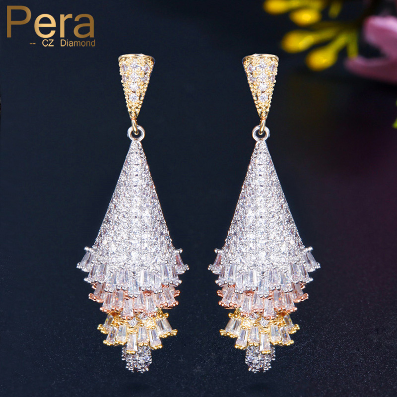 

Dangle & Chandelier Pera Fashion African Cubic Zirconia Luxury 3 Tone Gold Long Geometry Engagement Party Earrings For Women Jewelry E452