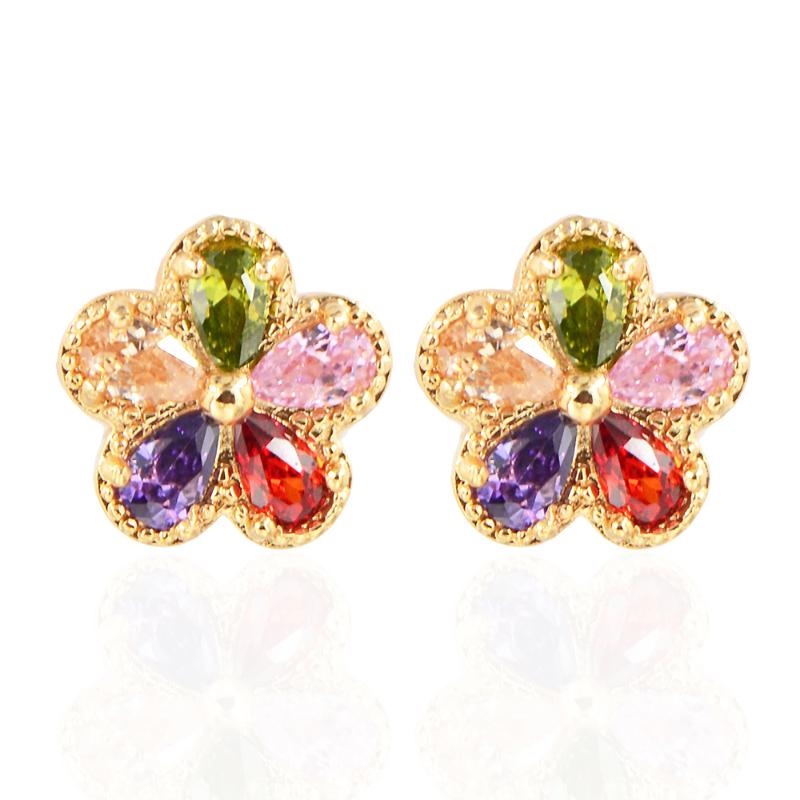 

Women Gold Color Multi-color CZ Lovely Flower Stud Earrings