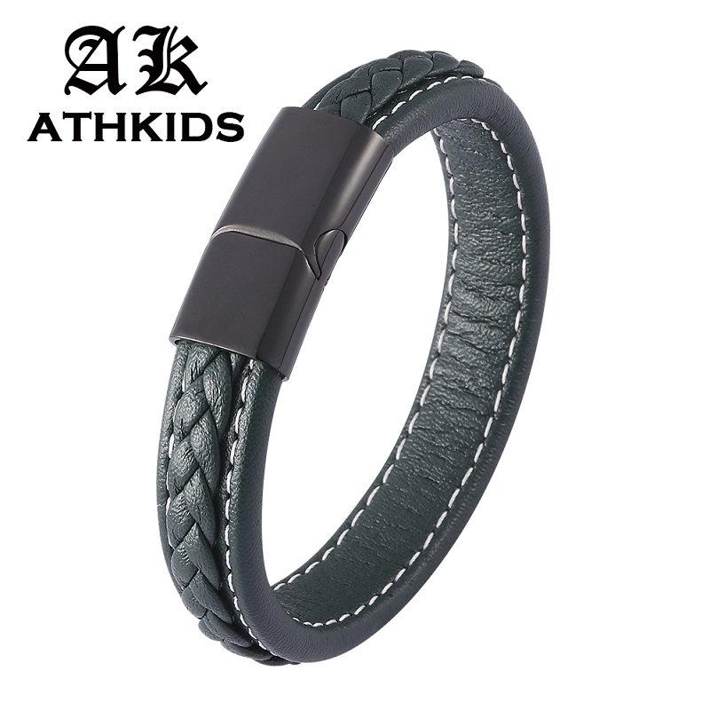 

Fashion Green Leather Braided Bracelet Men Jewelry 3 Colors Stainless Steel Magnetic Buckle Male Wrist Band Bangles Gifts PD0452