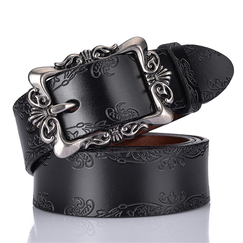 

topQuality Fashion Women Casual Belt Floral Carved Alloy Buckle Genuine Leather Belt for Women Luxury Jeans Belts Adjustable, Black