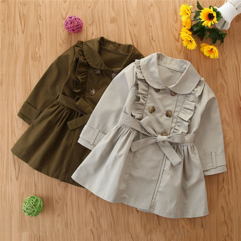 

Toddlers Baby Girl Long Sleeve Button Decro Bandage Ruffle Casual Jacket Windbreaker Dress Coat Outwear, Army green