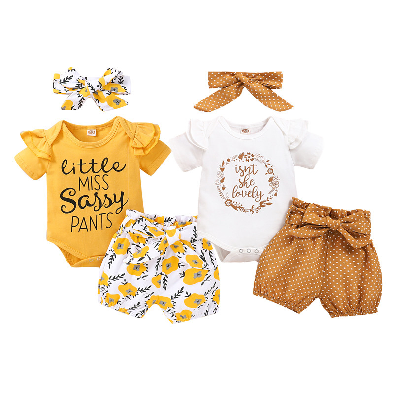 

2020 Summer Toddler Kids Baby Girls Clothes Set Short Sleeve Cotton Romper Tops Florals Shorts Headwear Outfits Set 3pcs