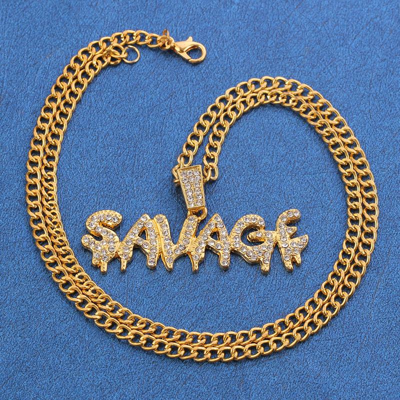 

Pendant Necklaces Savage Letter Necklace Bling Shiny Link Chain Hip-Hop Full Zircon Men's Bijoux Femme Gift