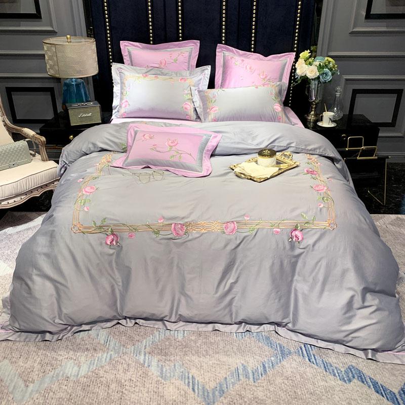 

4-Pcs King Queen size 100%Egyptian Cotton Duvet Cover Bed sheet Pillowshams Ultra Soft Chinoiserie Chic Embroidery Bedding Set, Color 7