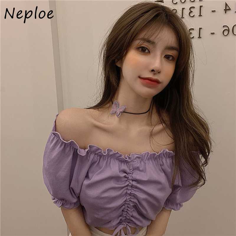 

Neploe Korean Temperament Blouse Women Off Shoulder Slash Neck Short Puff Sleeve Drawstring Shirt Fashion Solid Blusas Mujer2020, White