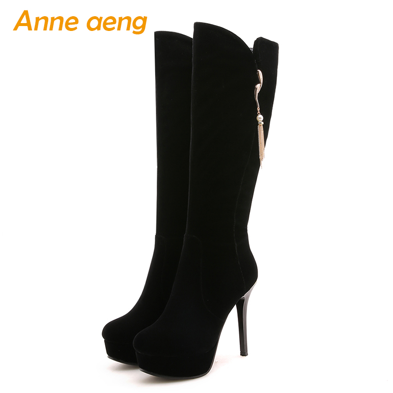 

2020 New winter Women Knee-High Boots High Thin heel Round Toe Zipper Crystal Sexy Ladies Women Platform Shoes Black Warm Boots