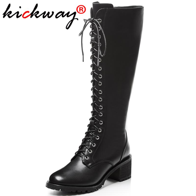 

Kickway genuine leather knee high boots women black lace up boots female winter long with a lacing botas mujer 34-40, Black fur inside