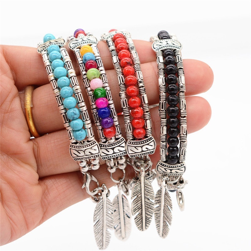 

Boho Fashion Tibetan Feather Turquoises Beads Charm Bracelet Vintage Gypsy Bohemian Women Bangle Jewelry Gifts For Her