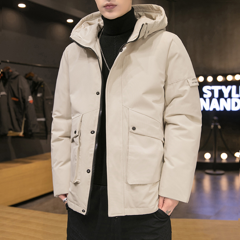 

2020 Men Warm Down Jacket White Duck Solid Color Black White Down Jacket Coat Big Hat Warm Pockets Snow Winter Coat