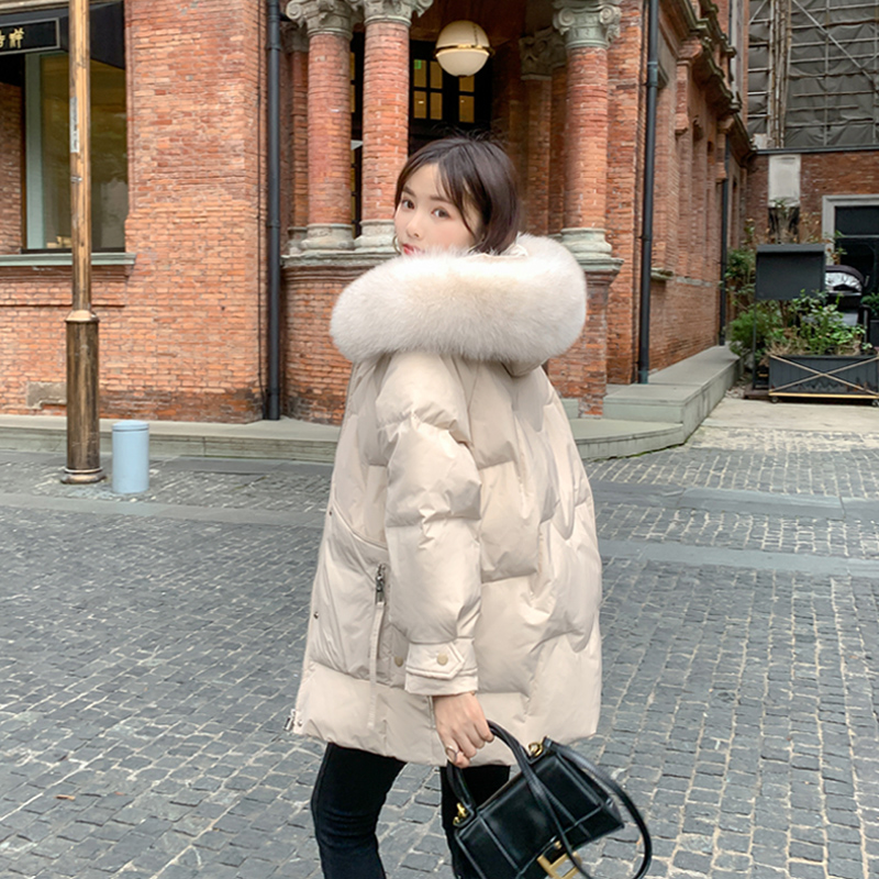 

Korean Stylish Women Down Jackets Hooded Thick Warm Women's Winter Coat 2020 New Winter Large Pockets Loose Mid-long Down Parkas, Beige