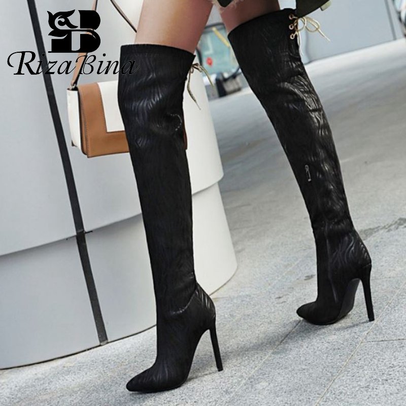 

RIZABINA Sexy Thin High Heels Shoes Women Over The Knee Boots Print Pointed Toe Long Boots Women Footwear Plus Size 33-43, Black