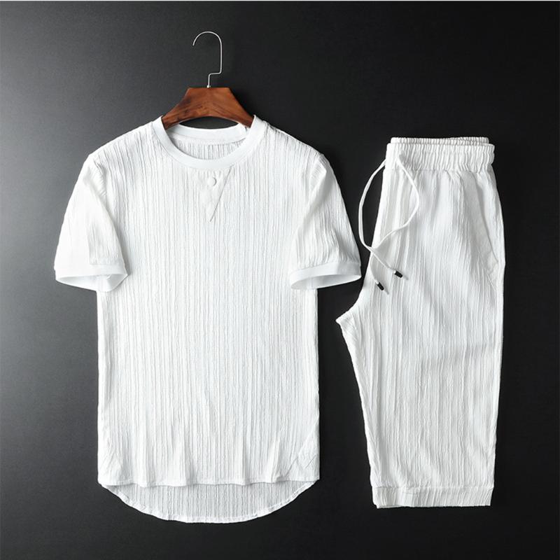 

Fashion Men's Set Cotton Short Sleeve Pants Set Summer Round Collar Tracksuit Solid Color Lace Y617, Wh