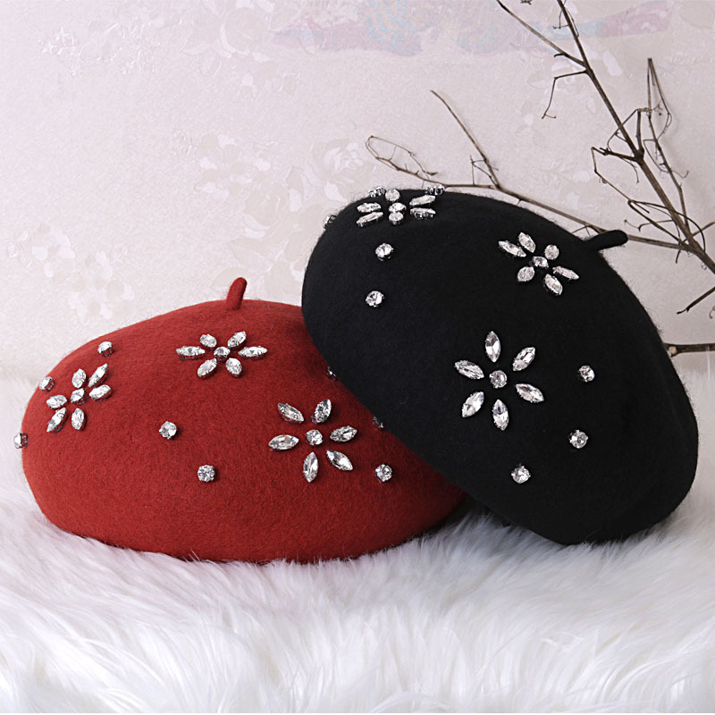 

Beret hat women wool solid color beret Diamond retro hat retro plain warm elegant ladies winter, 03