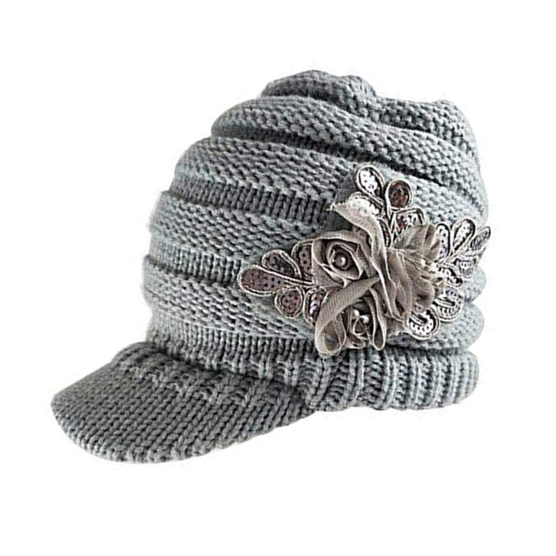 

Women's Twist Knit Winter Warm Brim Hat, Ear Protection Wool Cap with Sequin Pattern Applique, Gray