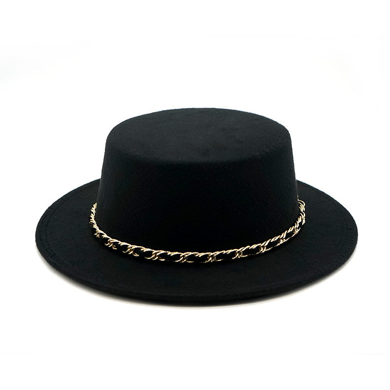 

Winter autumn Women Wool felt Boater hat Flat Top Fedoras hat ladies Top with Chain Band wide brim Feltro Bowler Gambler, B0082-10