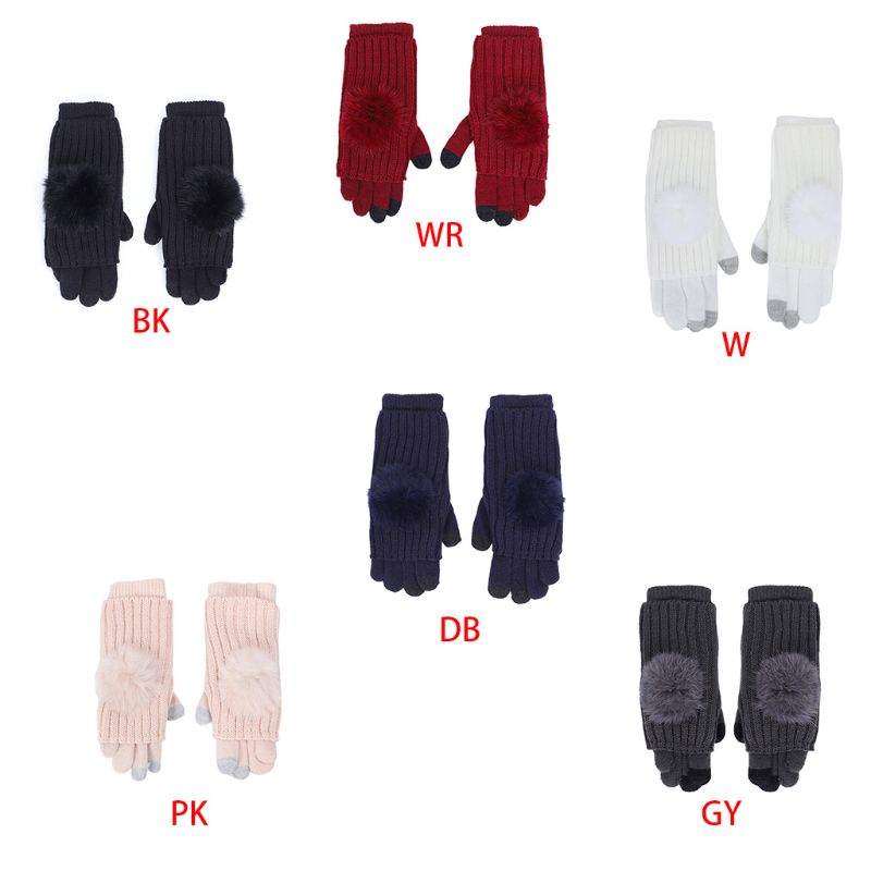 

Women 2In1 Winter Warm Fingerless Full Finger Knitted Gloves Mittens with Pompom