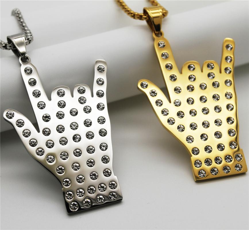 

Hip Hop Rock I Love You Necklace Gold Color Stainless Steel Iced Out CZ Gesture Pendant For Men/Women Jewelry Dropshipping