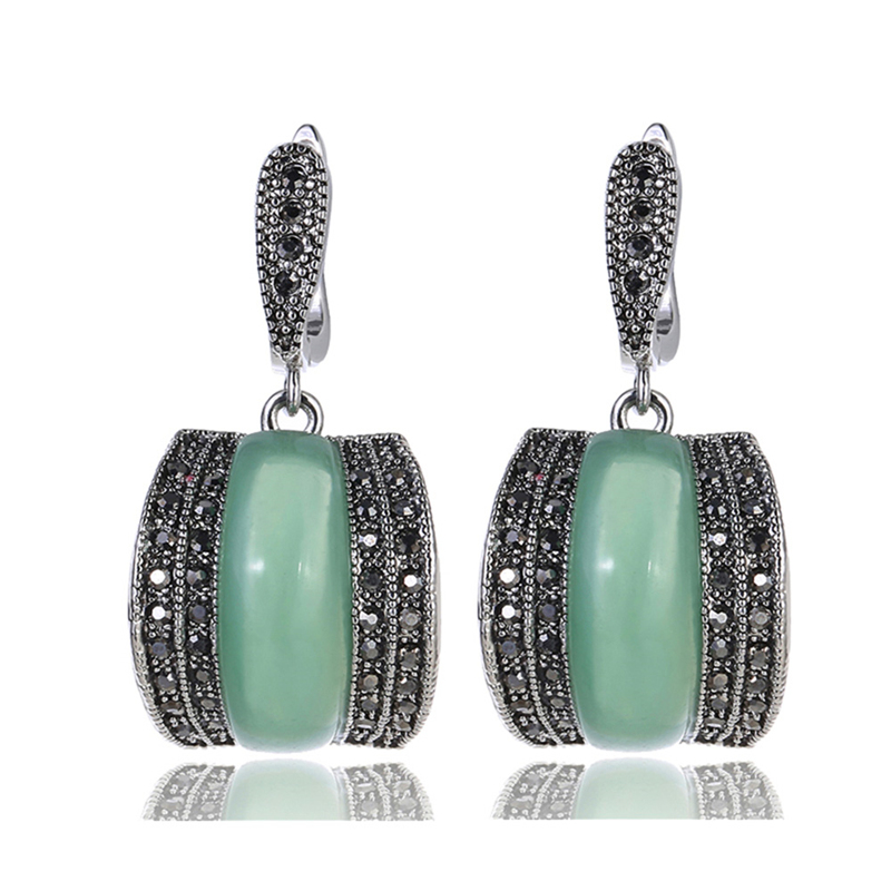

Luxury Geometric Red Black Green Stone Earrings For Women Antique Silver Color Black Rhinestone Drop Earrings Original