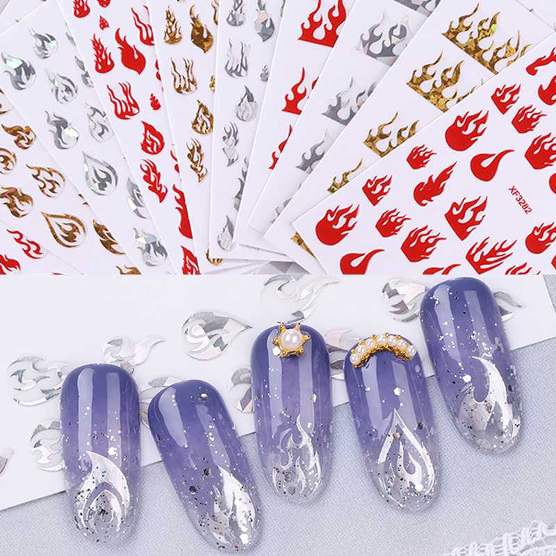 

Holographic Flame Nails Sticker Art Fire Nail Decals Gold Silver Fires On Manicure Stencil Stickers On Nails, Xf3279 gold