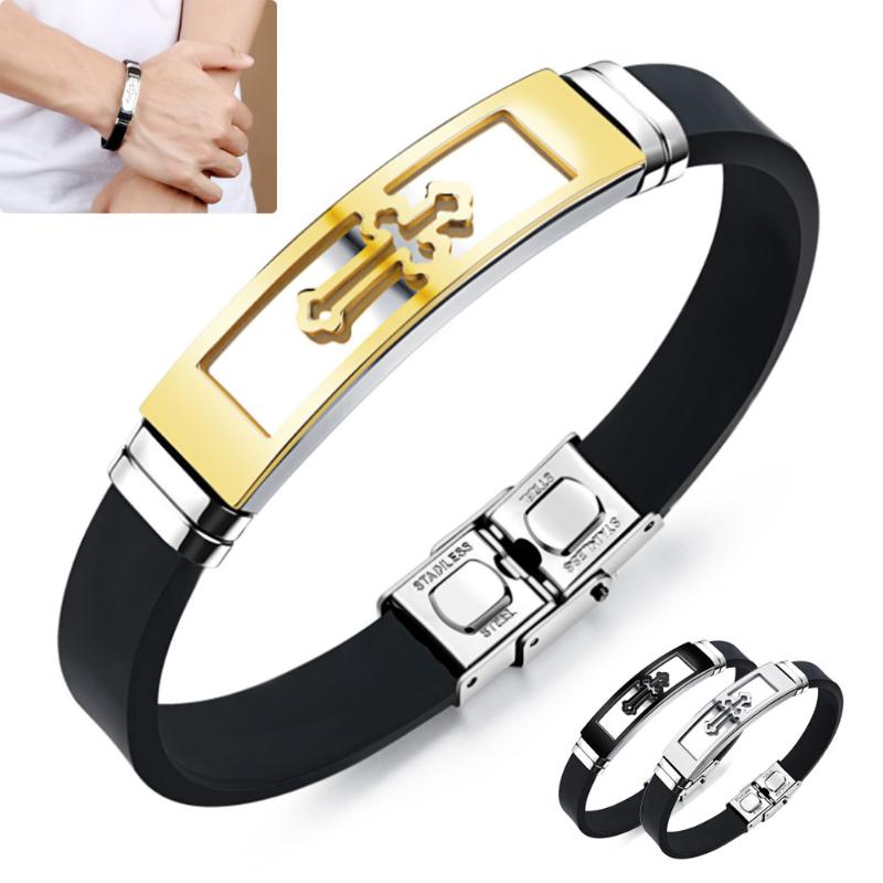 

Men Silicone Titanium Steel Cross Bracelet Bangle Wristband Masculine Jewelry PR Sale