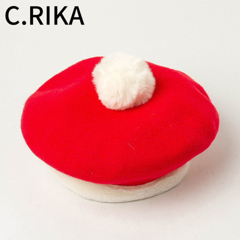 

New Autumn Winter Holiday Christmas Wool Beret Outddor Fashion Warm Painter Hat Lady Girls Cute Fur Pompom Beret Hat French, Green