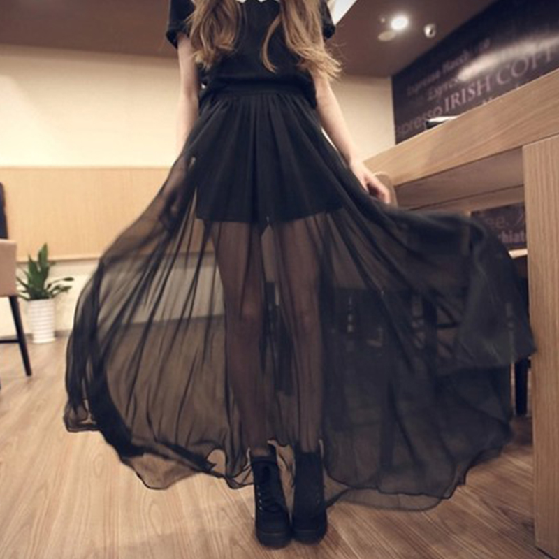 

Fashion Summer Women Skirts Female Gothic Party Long Skirt Girl Black Slit Chiffon Sexy See-Through Mesh Patchwork Skirts Ladies