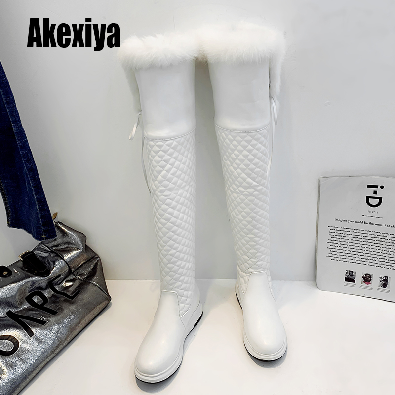 

Boots Over The Knee Women Thick High Heel Fashion Round Toe Thigh Warm Winter Shoes Faux Fur Keeps K868, White