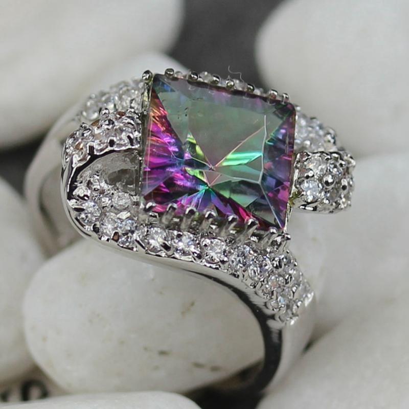 

SHUNXUNZE fashion Cute Engagement rings jewelry for women Rainbow and White Cubic Zirconia Rock Rhodium Plated R777 size 6 7 8 9