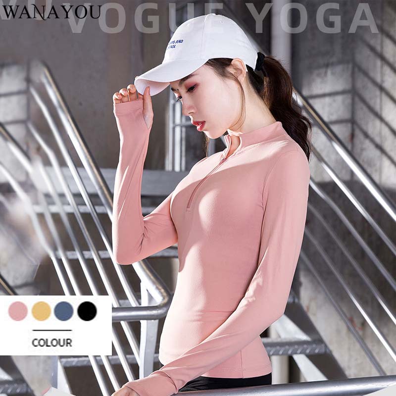 

WANAYOU Elastic Tight Zip Yoga Shirt,Long Sleeve Breathable Yoga Top,-XL Solid Gym Top Women,V-neck Running Workout Shirt Women, Black