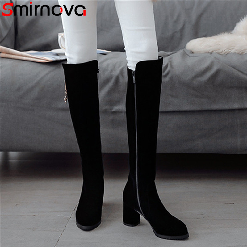 

Smirnova 2020 winter boots for sexy ladies knee high boots round toe flock shoes high heels women's wholesale black