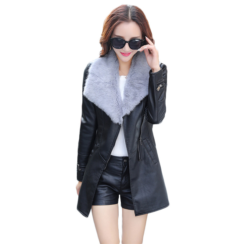 

Faux leather jacket women black -3XL plus size fur collar 2020 autumn winter new Korean slim add velvet pu coat feminina LD1349, Black fur collar