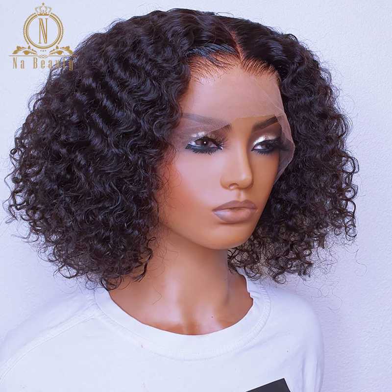 

Short Curly Bob Wigs T Lace Part Human Hair Wig Bleached Knots Preplucked HD Lace Front Wig For Black Women Nabeauty Remy 250, Natural black