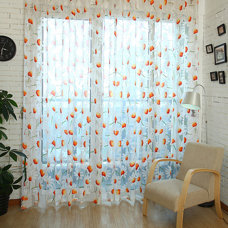 

1 PC Daisy Tulle Curtain Window Screening Burnt-out Yarn Curtains For Bedroom Living Room Flower Curtain 1m x 2m, Yellow