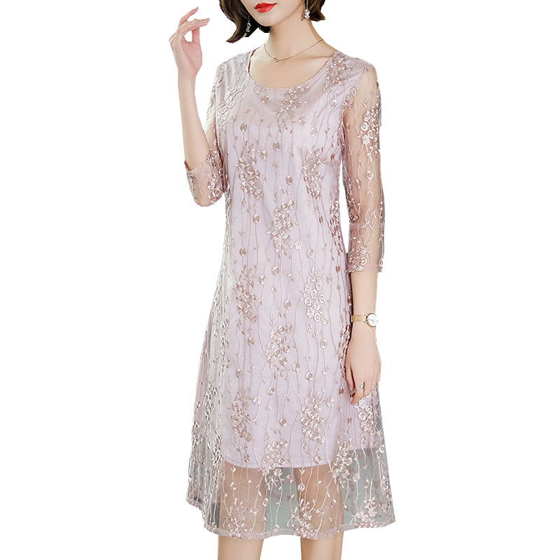 

Women Pink Maxi Elegant Dress 2020 Summer Fashion Round Neck Embroidery Lace Long Ladies Dresses Female Vestidos Plus Size HJ308
