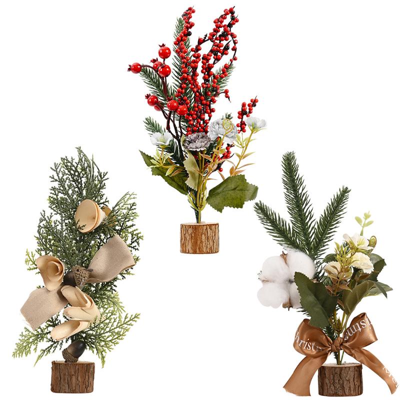 

3 pcs Mini christmas Tree with Red Fruit Pine Leaf Cotton Ornaments for Christmas Eve and Party Home Table Decoration