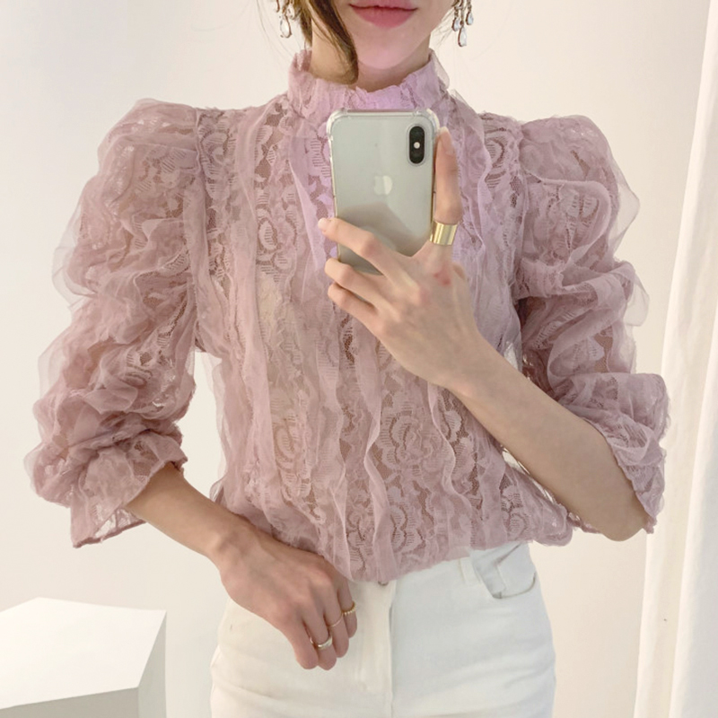 

Korean Chic Blouses Shirts Women Foreign Style Versatile Stand Collar Puff Sleeve Heavy Industry Lace Hook Flower Three Quarter, Black