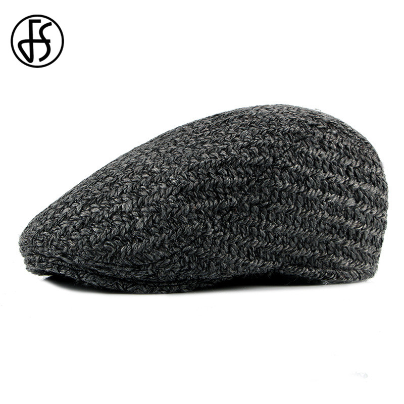 

FS Mens Knitted Wool Beret Cap Winter Warm Hat For Male Duckbill Flat Cap Boina Cabbie Caps Elderly Men Newsboy Hats, Dark gray beret