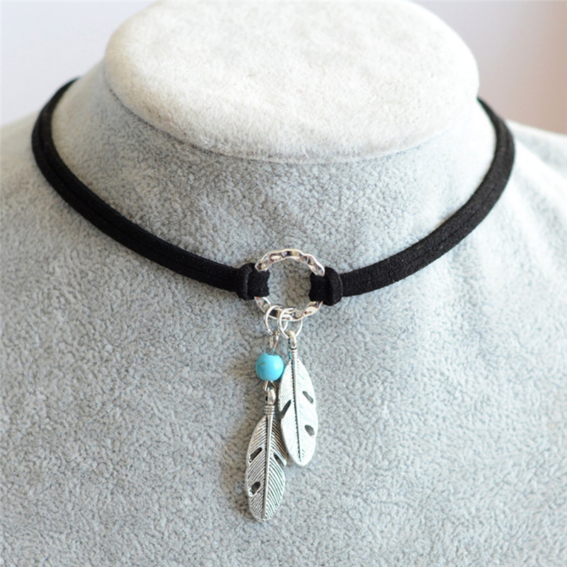 

Choker Black Brown Leather Choker Necklace Antique Color Feather Shape Charm Bohemian Chain Necklace Jewelry Gift