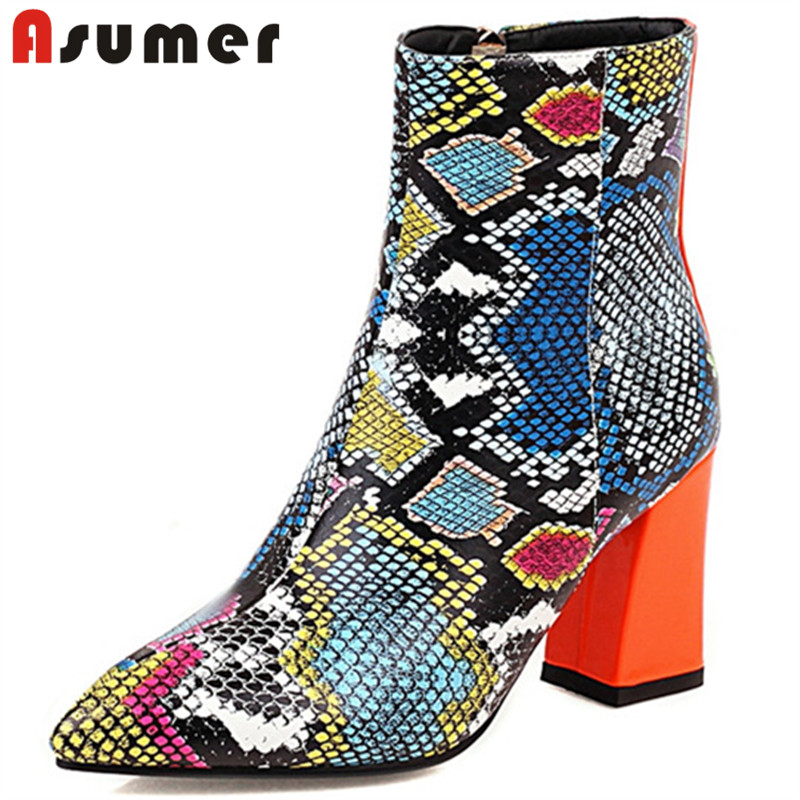 

Asumer 2020 big size 48 newest ankle boots women pointed toe snake mixed colors high heel boots European Style party shoes woman, Brown