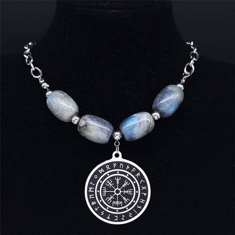 

Viking Vegvisir Compass Choker Necklace Flash Stone Stainless Steel Nordic Runes Odin Necklace Celts Ethnic Jewelry collane NXS0