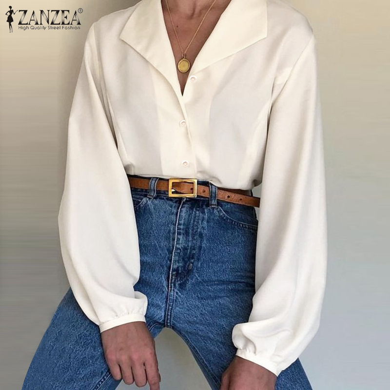 

ZANZEA Women Tops Blouses Ladies Work White Shirts Casual Turn Down Collar Tunic Blusas Solid Tops Chemiser Mujer Plus Size 5XL, Beige