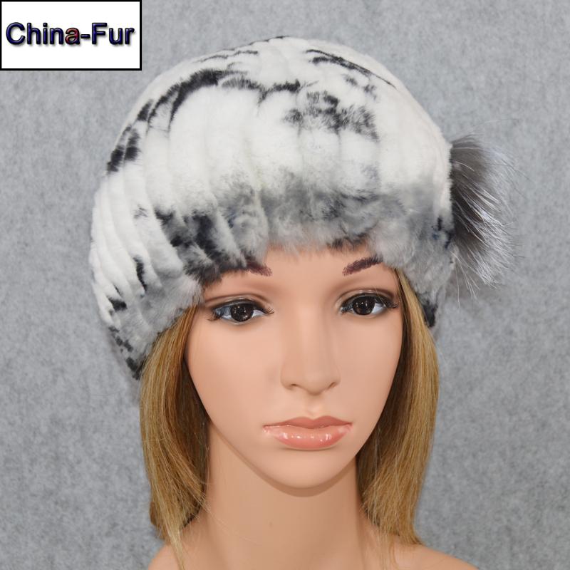 

New Floral Winter Women 100% Natural Rex Fur Beanies Hat Good Elastic Ladies Rex Fur Cap Warm Soft Knit Hats, Color 1